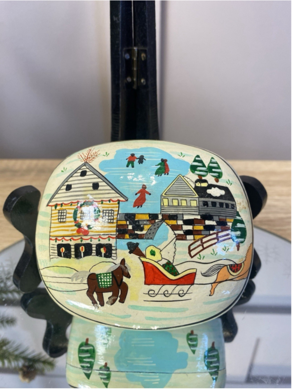 Vintage Hand Painted, Wooden Box Made In India Christmas scene paper mache
